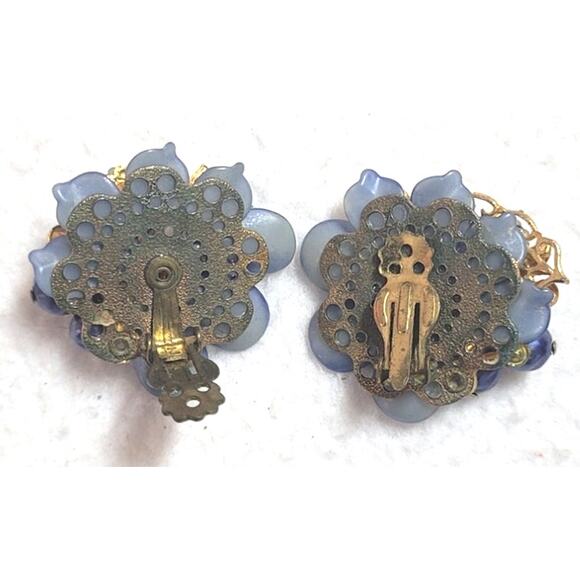 Vtg 1950s Glamorous Hollywood Celluloid Floral Statement Blue Clip On Earrings - Picture 5 of 5